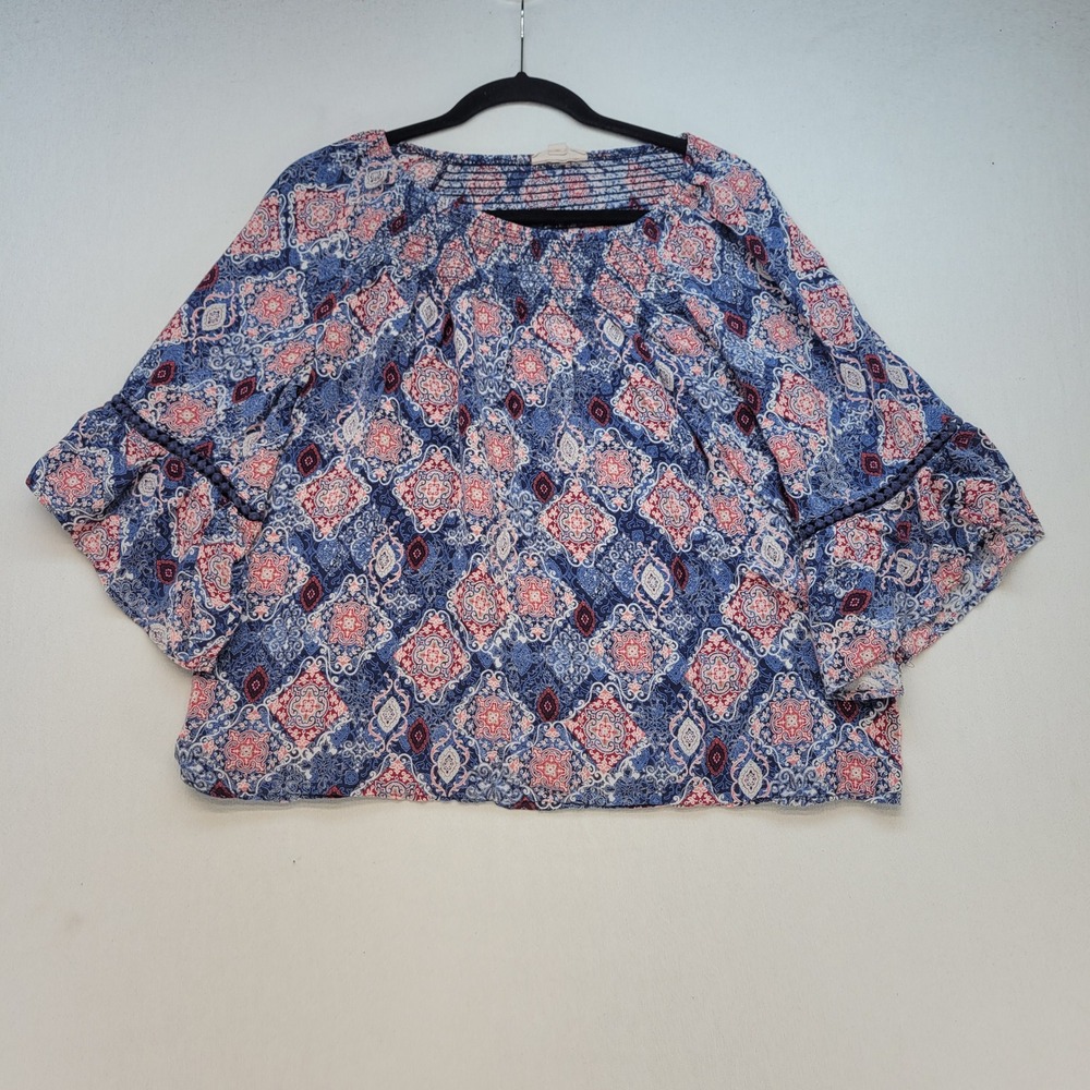 Westport Blouse Womens L Blue Boho Medallion Smocked Bell Sleeve Pom Pom Trim
